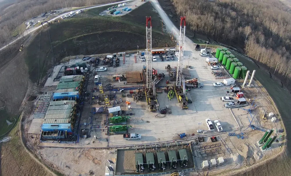 Aerial view of a well pad during completions