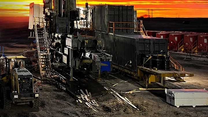 A rig floor with the logging unit and equipment, sunset on the horizon